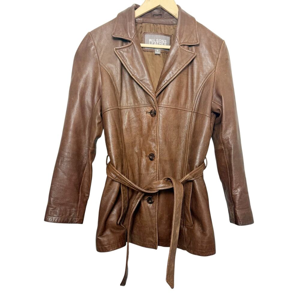 Wilsons Leather Brown Genuine Leather Belted Long Sleeve Button Coat Size Small